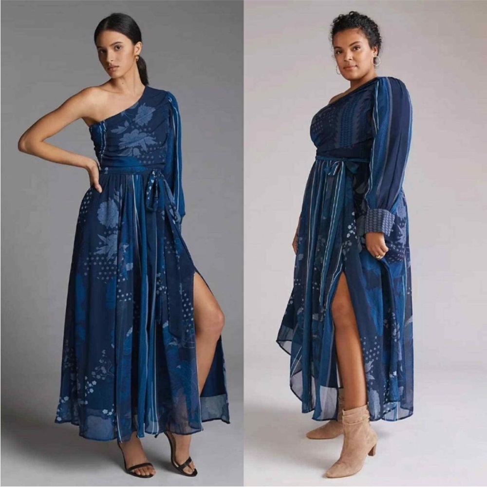 Anthropologie Navy Blue One-Shoulder Maxi Dress